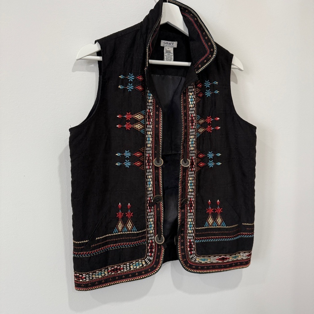 Graff Southwestern Style Black Vest with Colorful Embroidery Size M - Picture 3 of 17